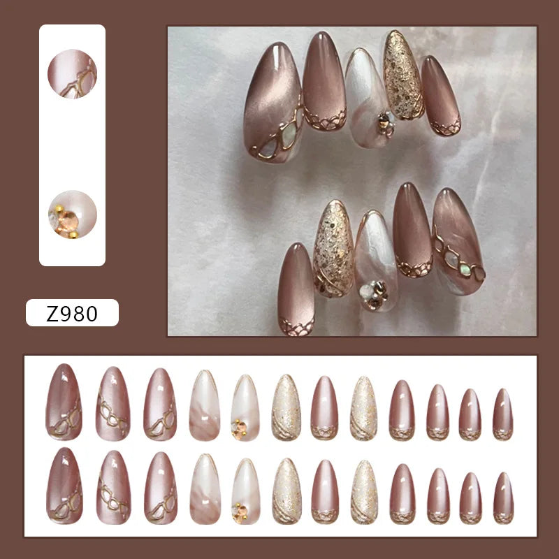 24pcs Shiny Green Cat Eye False Nails Cute Seal Print Fake Nails Tips Wearable Reusable Glossy Short Round Press on Nails 25