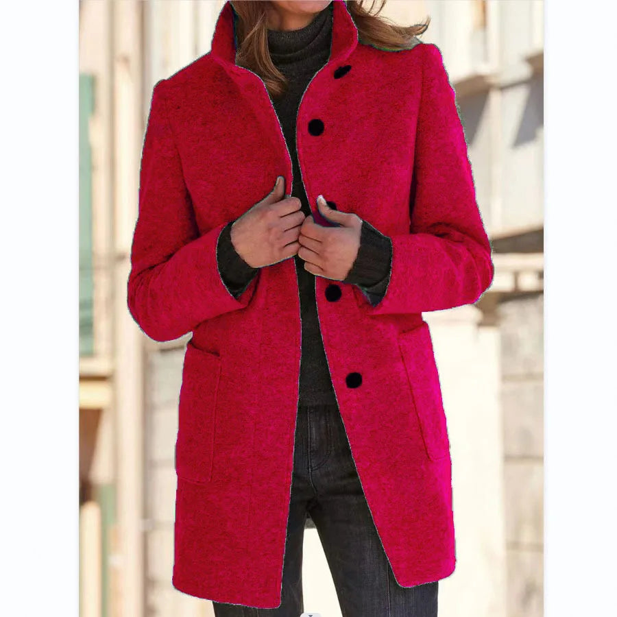 Vintage Women Overcoat Solid Button Stand Collar Woolen Coat Female Autumn Winter Fashion Long Casual Thick Ladies Jacket Red