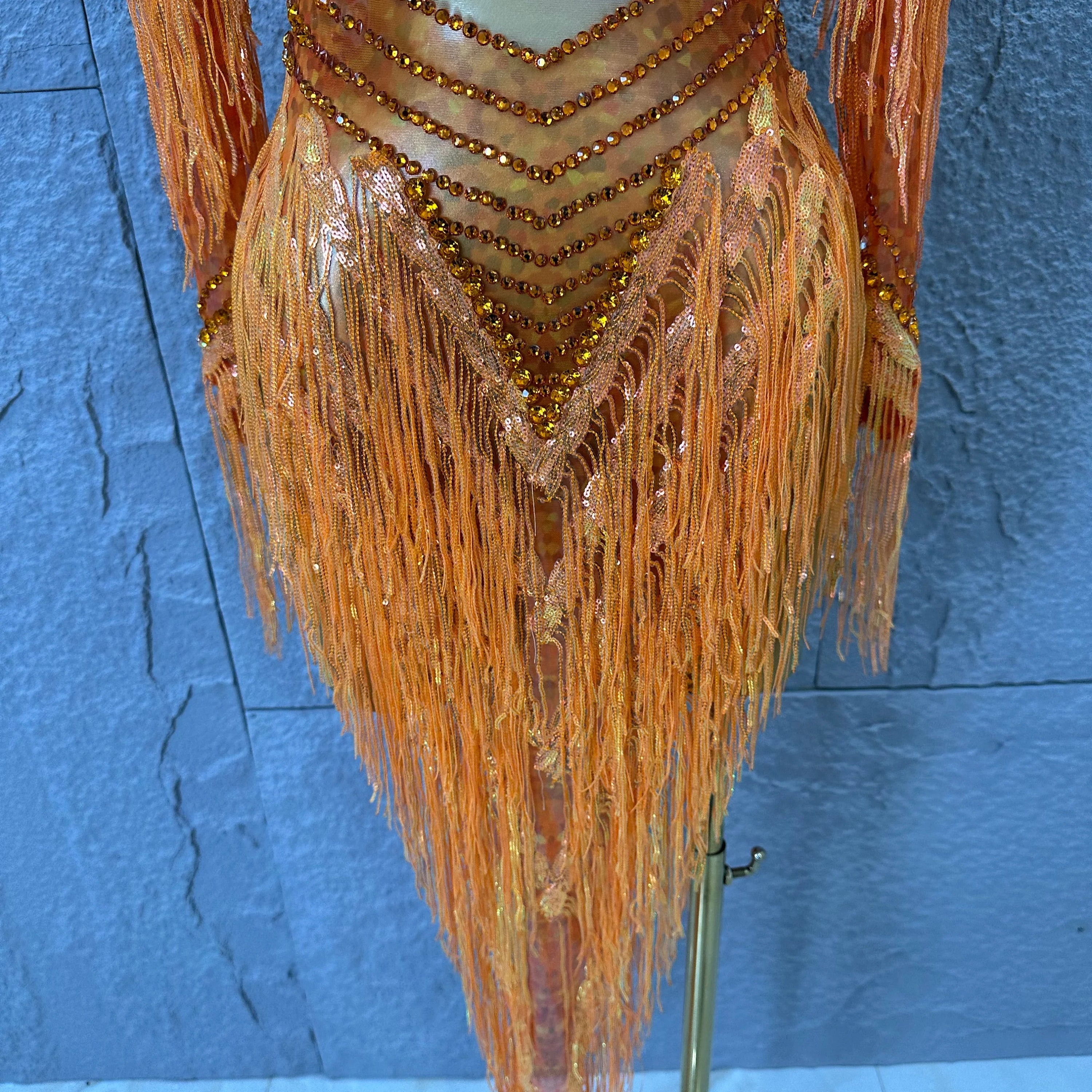 Sparkly Orange Rhinestone Fringe High Neck Dress Women Sheer Mesh Embellished Latin Dance Performance Costume