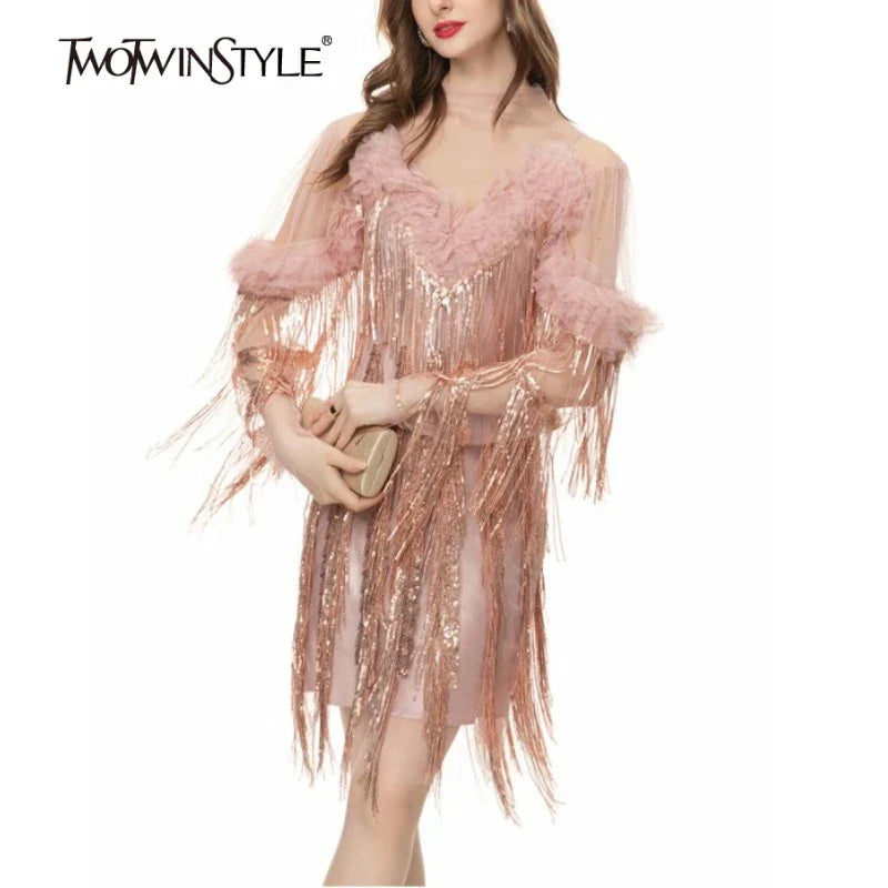 Solid Spliced Tassels Elegant Dresses for Women Round Neck Short Sleeves Patchwork Fungus Folds Dress Female New