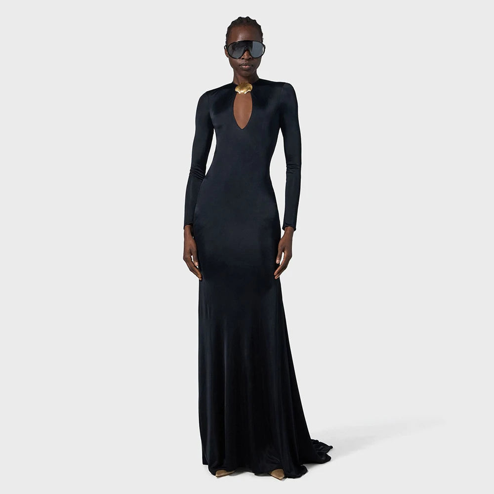 Elegant Solid Women Long Sleeved Floor Length Dress Sexy Party Backless Slim Female Maxi Dresses 2025 Summer New Chic Lady Robe black