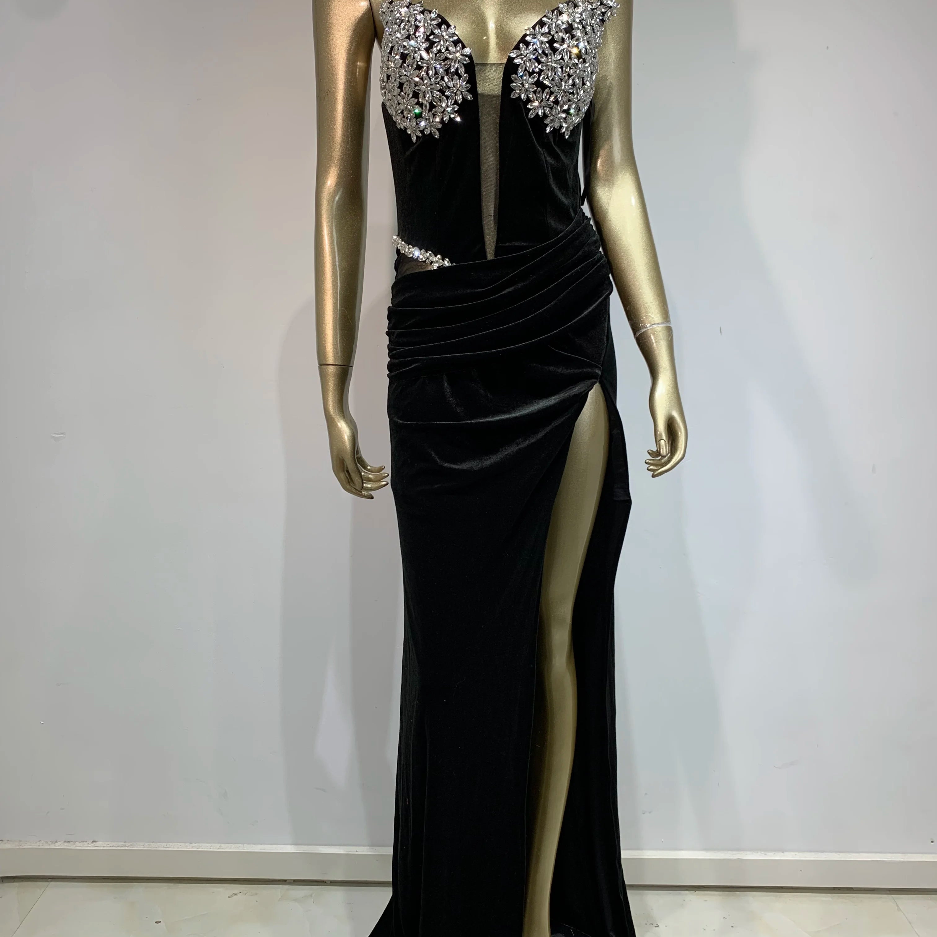 Sexy Strapless Backless Split Diamonds Black Velvet Maxi Long Women Celebrity Dress 2024 Elegant Party Evening Club Vestido