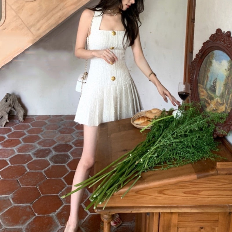 Robe d'été en Tweed à boutons dorés pour femmes, col licou, bretelles, Style coréen, ligne a, élégante, robe de soirée, Mini, 2023 