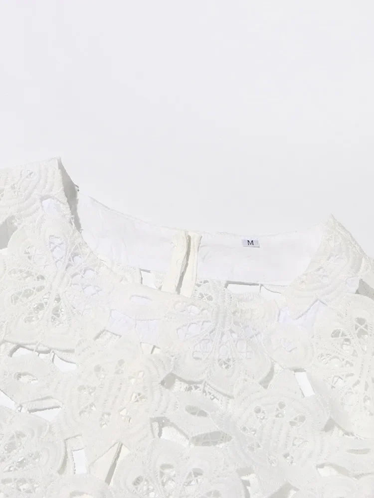 Hollow Out Embroidery Two Piece Set For Women Round Neck Sleeveless Top High Waist Split Skirts Elegant Sets Female