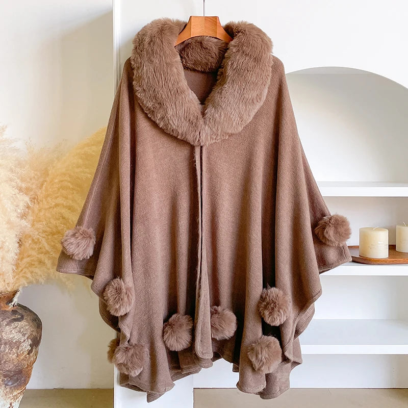 Winter New Thicken Mink Wool Full Trims Faux Fur Cape - Women's Hooded Loose Fleece Cloak Coat for Party Dress Wraps Warm