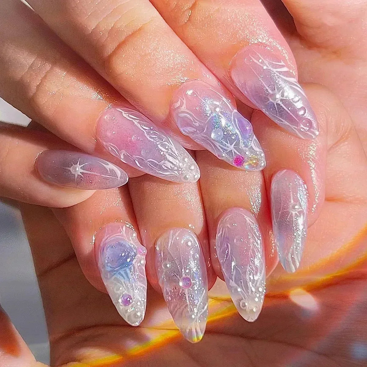24pcs Short Almond Press on Nails 3D Flower Butterfly Fake Nails with Glue Colorful Natural Acrylic False Nails Full Cover Nails 42