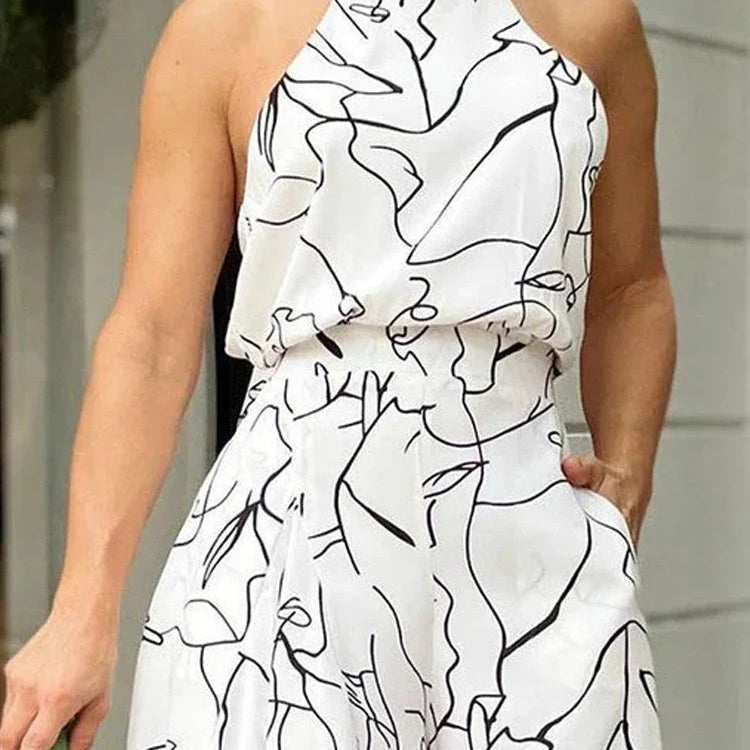 Women's Elegant Waist Halter Jumpsuit Casual Print Tie Sleeveless Wide Leg Long Pant Summer Clothing