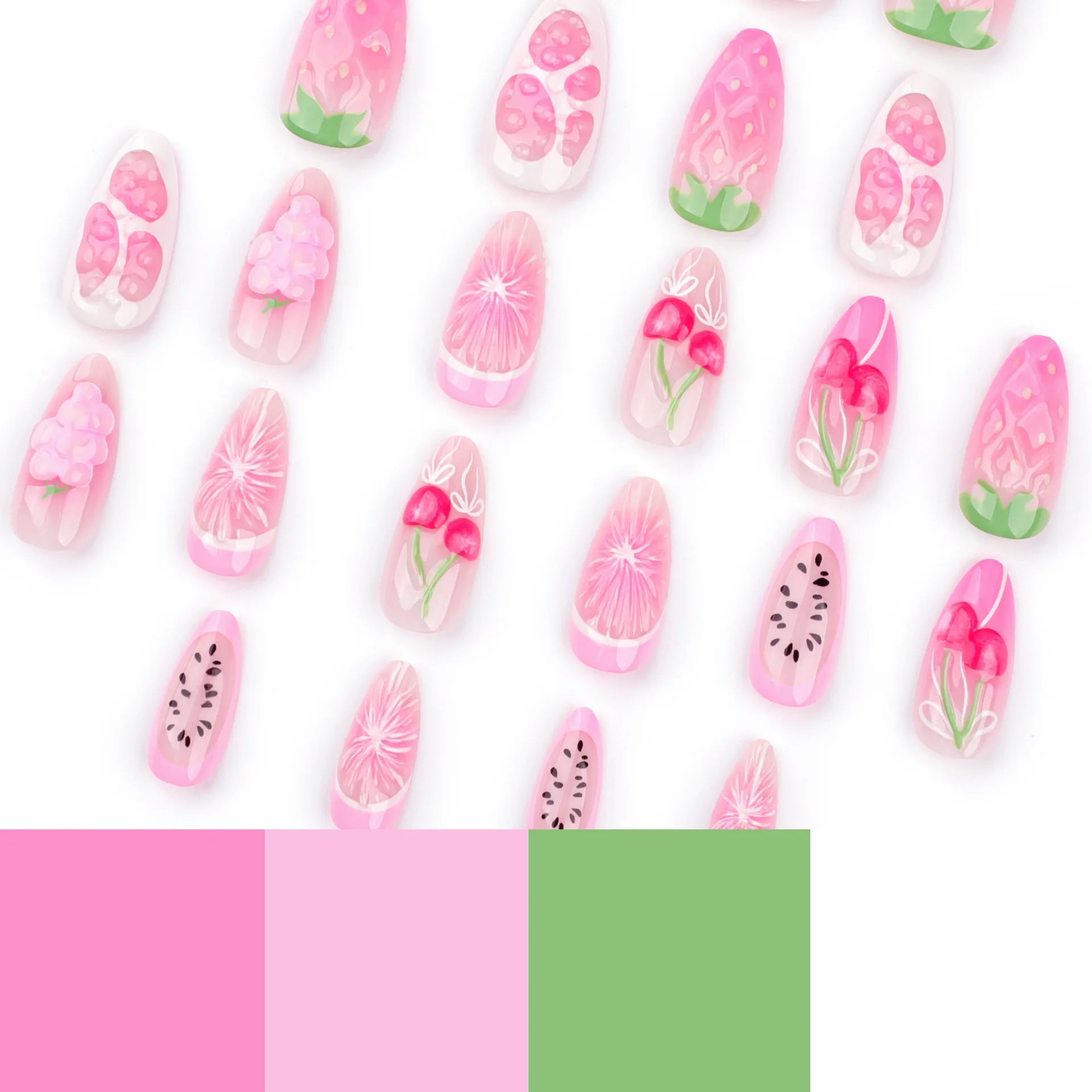 24pcs Fresh Fruit Style Press On Nails Sweet Pink Strawberry Cherry Grape Orange Decors False Nails Ins Korean Almond Fake Nail