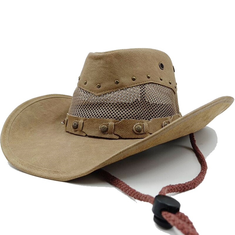Retro Unisex Vintage Wide Brim Leather Cowboy Cowgirl Western Hat With Tassel Braid Leather Band Size 58-59CM 28 56-58cm