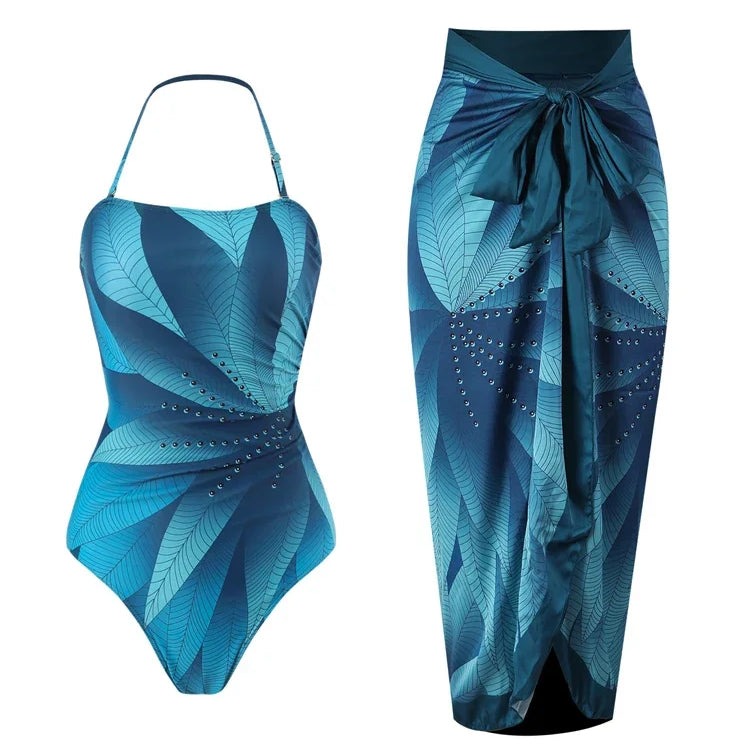 Elegant Blue Leaf Printed One Piece Swimsuit Woman Fashion High Waisted Hanging Neck Swimwear French Covered Belly Bikini A-Suit