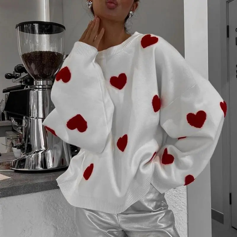 Women Embroidery Love Heart Knitted Sweaters Long Sleeve Vintage Y2K Casual Sweet O Neck Pullovers Winter Warm Sweater Tops Beige