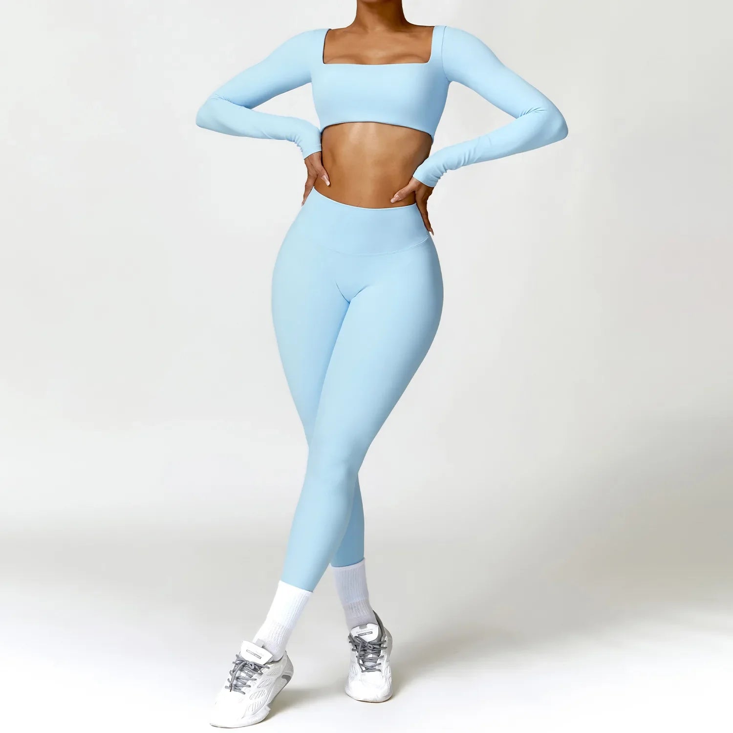 Women Tracksuit Yoga Set 2PCS Sportswear Workout Clothes Athletic Wear Gym Legging Fitness Bra Crop Top Long Sleeve Sports Suits Sky Blue Set-4