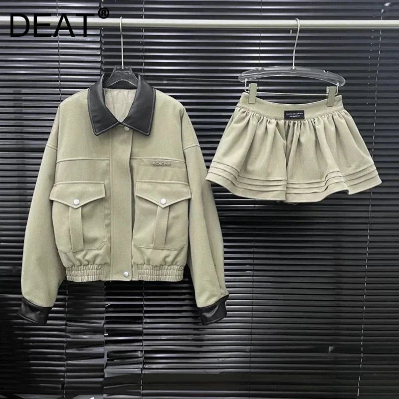 Autumn Winter New Fashion Loose Versatile Cotton Jacket Solid Color Short Skirt Two-Piece Set For Women 11A07637