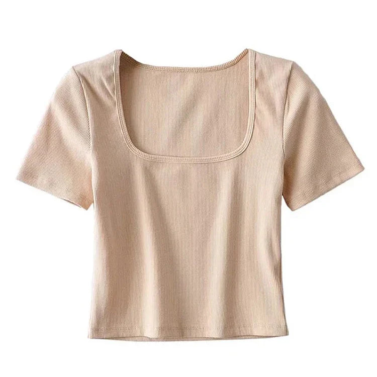 Women Square Neck Rib Crop T-shirt Short Sleeve Crop Top