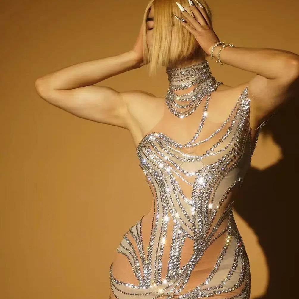 Women Sleeveless Sexy Off the Shoulder Mesh See Through Bodycon Mini Dress Sparkly Crystal Nightclub Party Dress