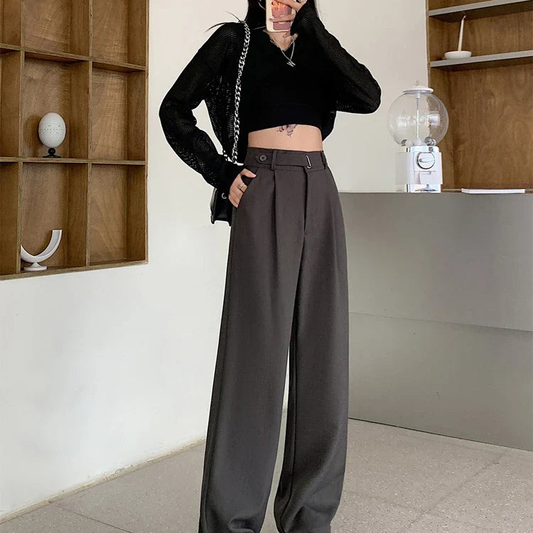 Seoulish High Waist New Suit Wide Leg Women‘s Full Pants Spring Summer Female Elegant Minimalism Straight Loose Trousers Dark Grey(longer)