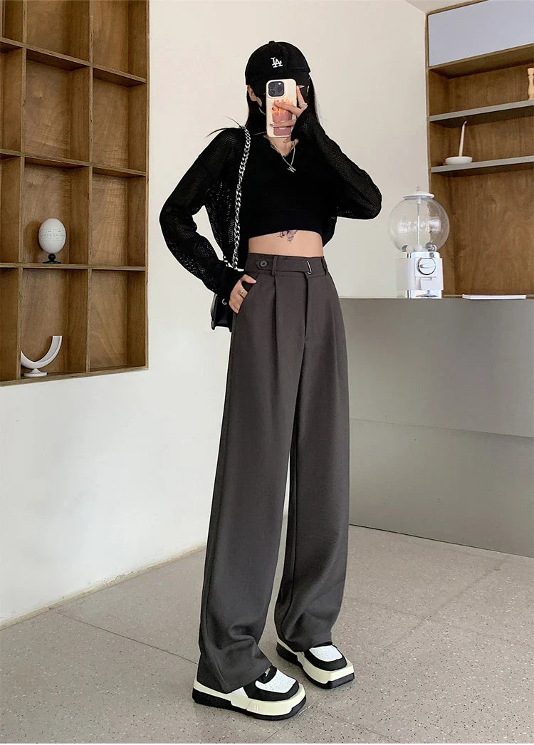 Seoulish High Waist New Suit Wide Leg Women‘s Full Pants Spring Summer Female Elegant Minimalism Straight Loose Trousers Dark Grey(longer)