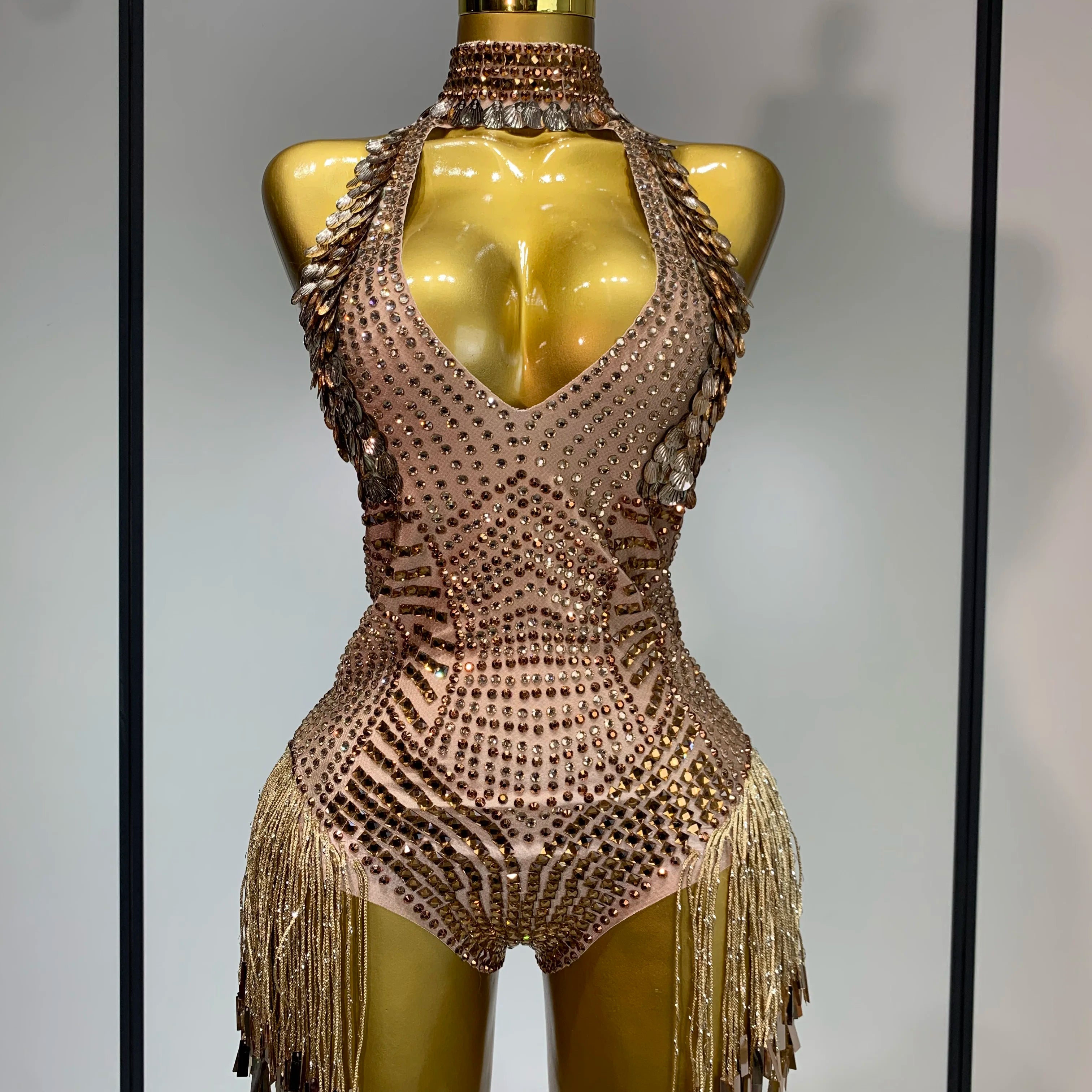 Luxury Sparkly Rhinestones Tassels Sequins Bodysuit Women Sexy Halter Backless Stage Performance Costume Club Birthday Outfit Gold