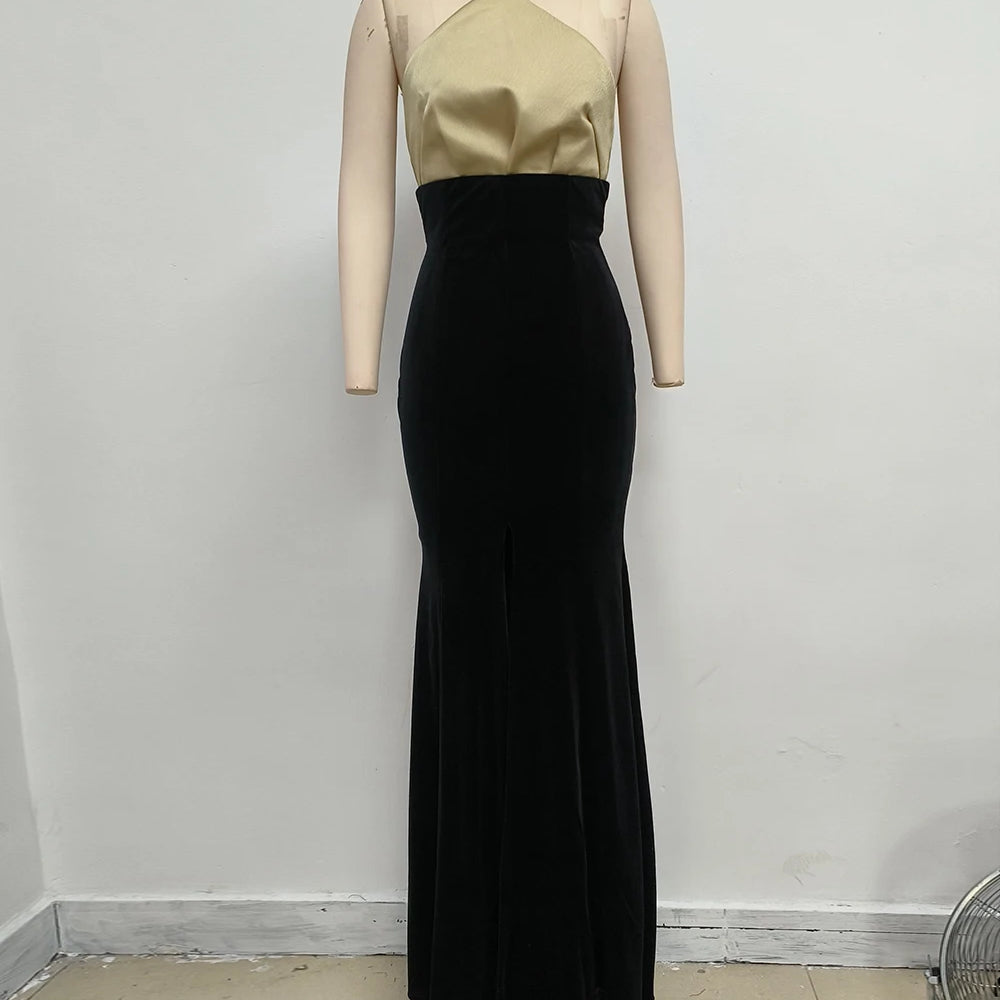 UpAvonu Elegant Strapless Patchwork Velvet Mermaid Long Dress Women Sexy Sleeveless Folds Slim Evening Runway Party Gown