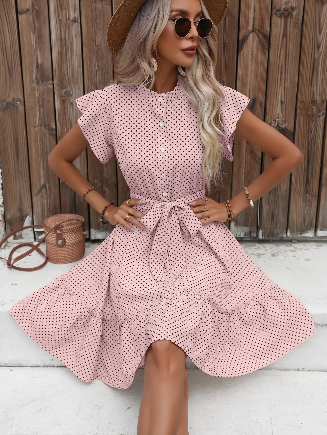 European and American women's polka dot printed butterfly sleeves with ruffled edges and wide pine hem waistband dress Pink