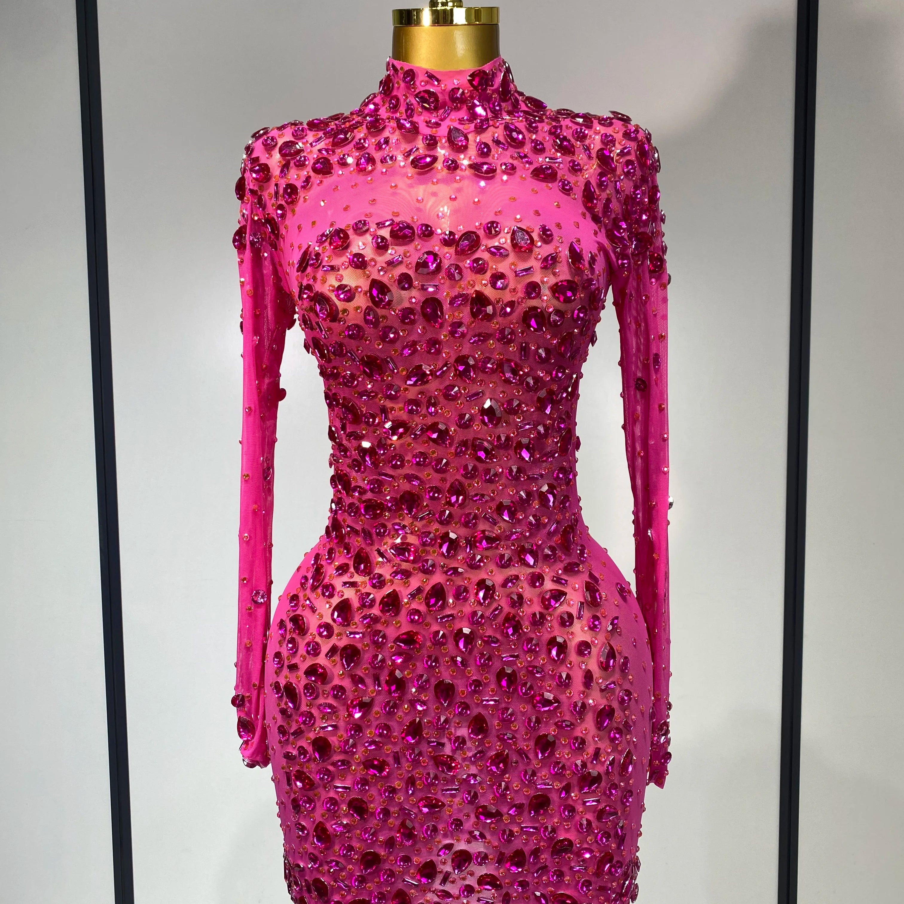 Women Sexy Mesh Rhinestones Mini Dresses Luxury Birthday Evening Party Celebrate Prom Gown Nightclub Singer Stage Outfit Rose Red