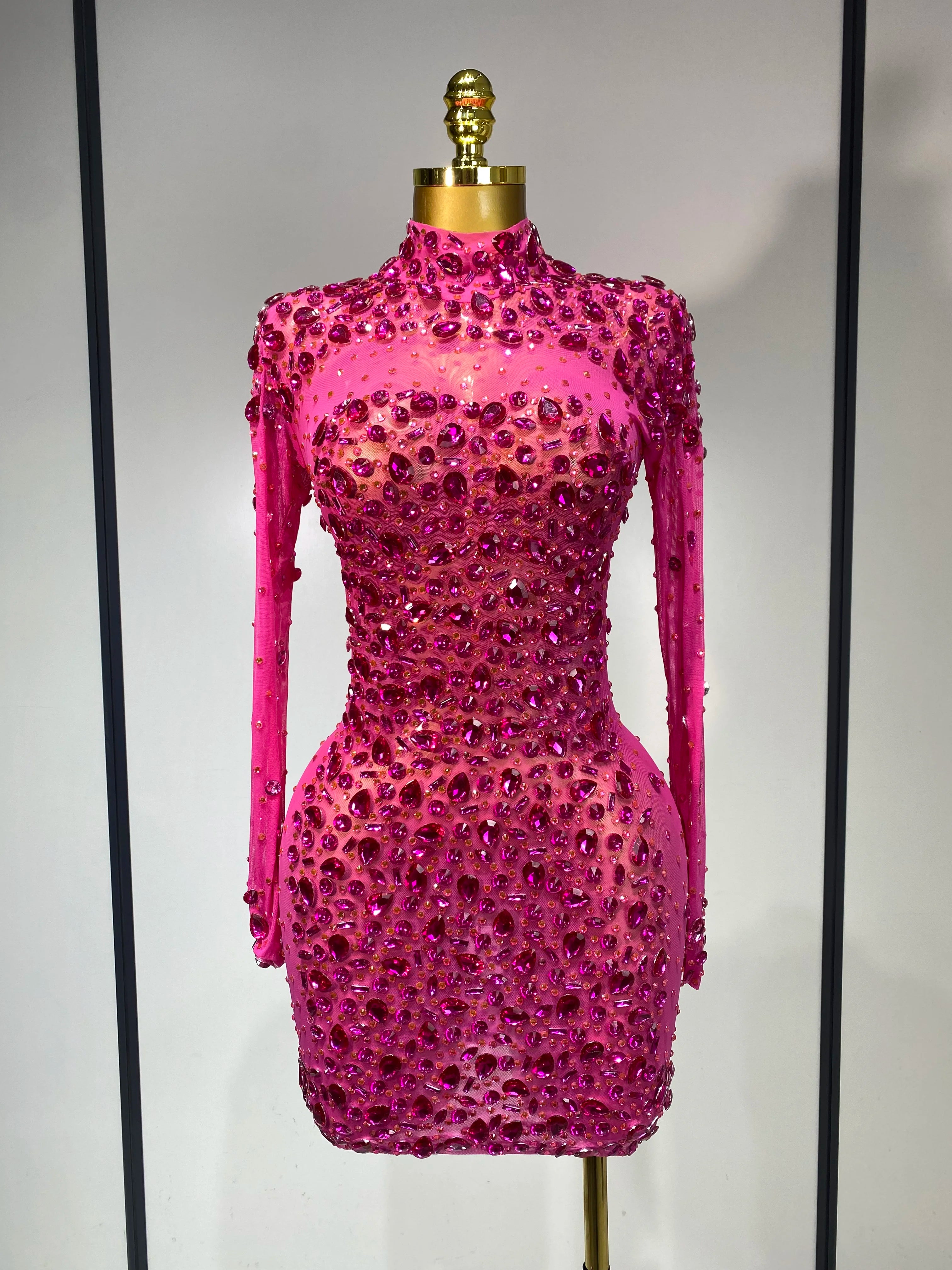 Women Sexy Mesh Rhinestones Mini Dresses Luxury Birthday Evening Party Celebrate Prom Gown Nightclub Singer Stage Outfit Rose Red