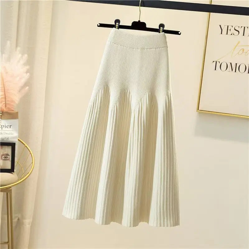 Women Winter Loose A-Line Midi Skirt Casual Elegant Office Lady Skirt Trendy All-Match New Basic Skirt Solid Pleat Knit Skirt White