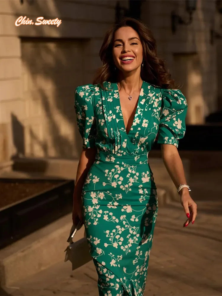 Fashion Printed V-neck Short Sleeved Long Dress Elegant High Waist Fishtail Bodycon Dress Summer Female Casual Vacation Robes