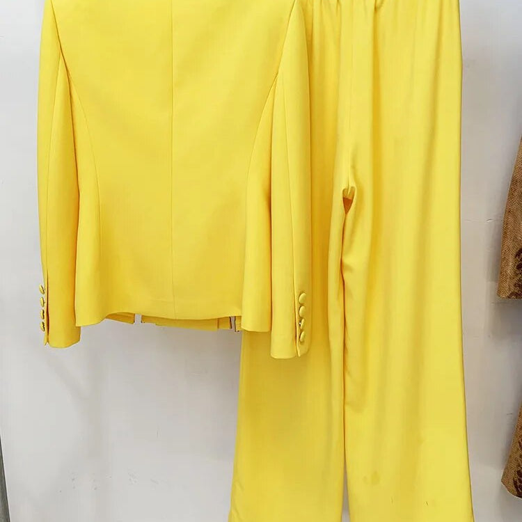 Yellow Pants Set 2024 New Designer Blazer with Diamond Striped Split Suit Jacket Straight Trouser Two Piece Set Outfits Women
