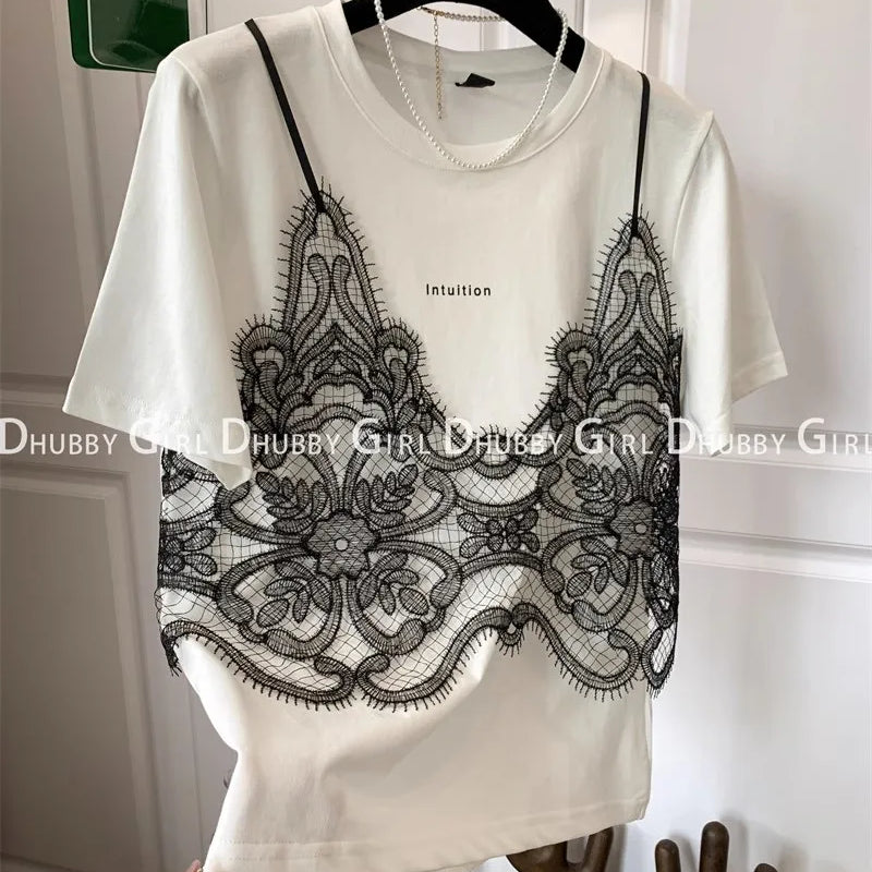 Summer Tshirts Women Fake Two Piece Chest Lace Stitching T-Shirt Fashion Tops Ladies Chic T-Shirt Female Short Sleeve Casual Tee WHITE