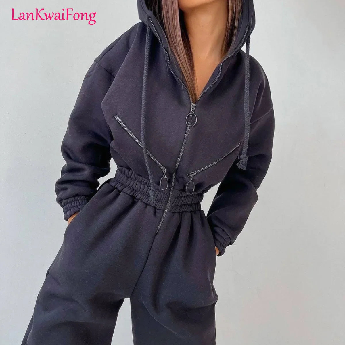 LKF New Sports and Casual Women's Jumpsuit Hooded Zipper Cardigan Solid Color Street Trendy Jumpsuit Wholesale