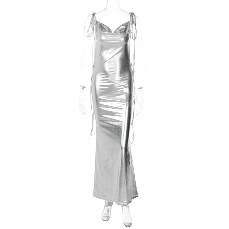 GACVGA Spring Summer Sexy Bandage Maxi Dresses Streetweaar Women Silver Shiny Pleated Bodycon Backless Party Long Dresses Silver-2