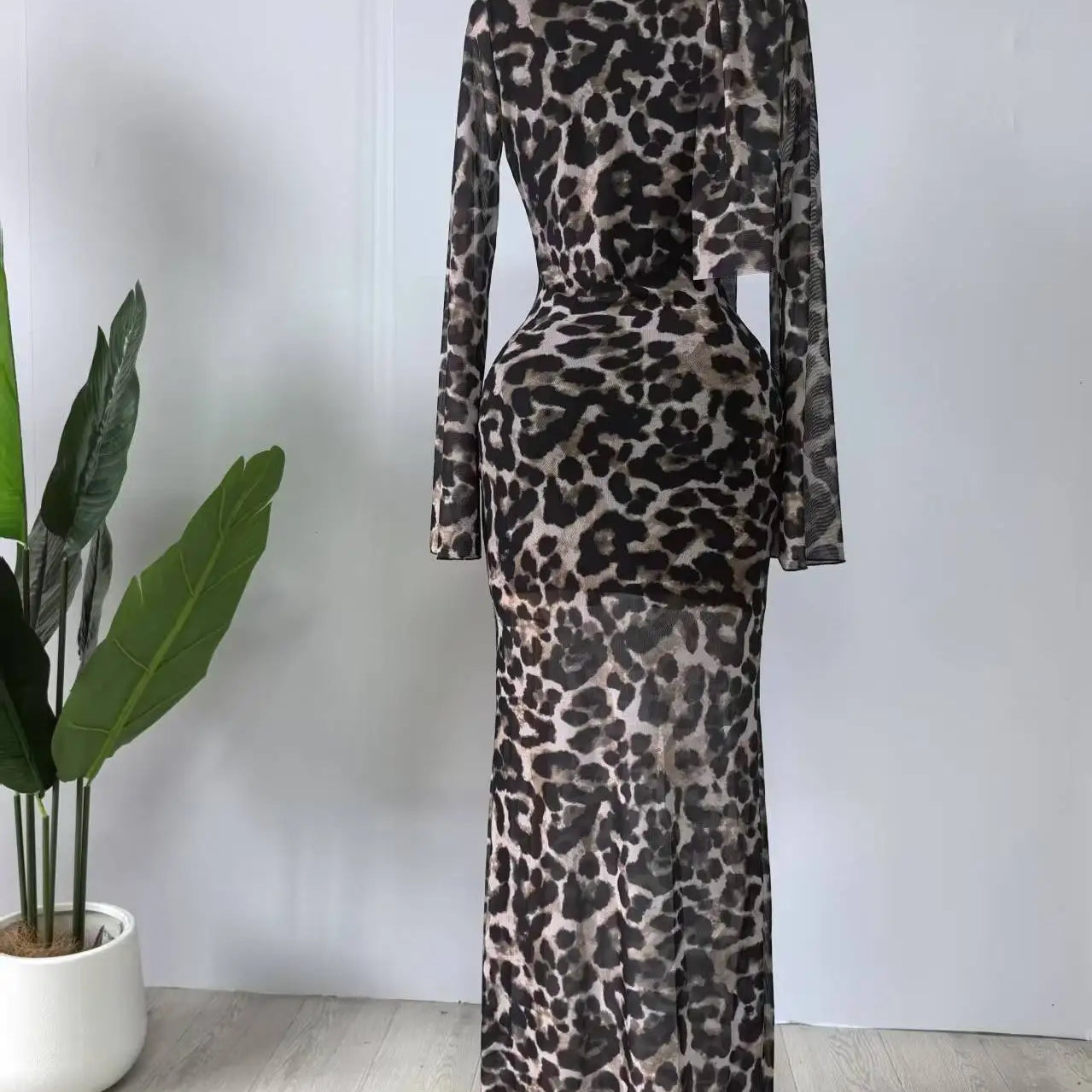 Women Full Sleeve Pile Collar leopard print Long Maxi Dress Holiday Beach Birthday Evening Sexy Party Dresses Vestidos