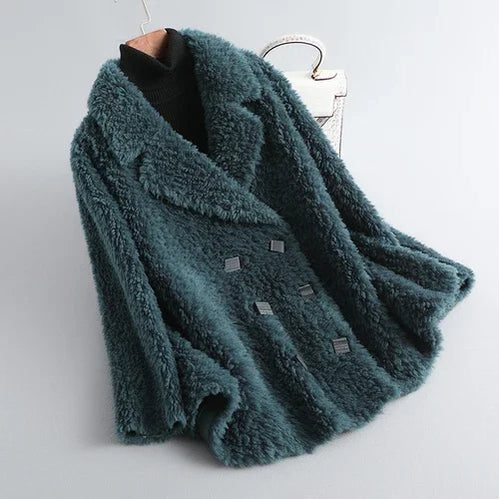AYUNSUE Short Real Sheep Shearling Coat Female Winter 2021 Casual Korean Wool Jackets Women's Fur Coats Casaco Feminino Gxy431 Dark green