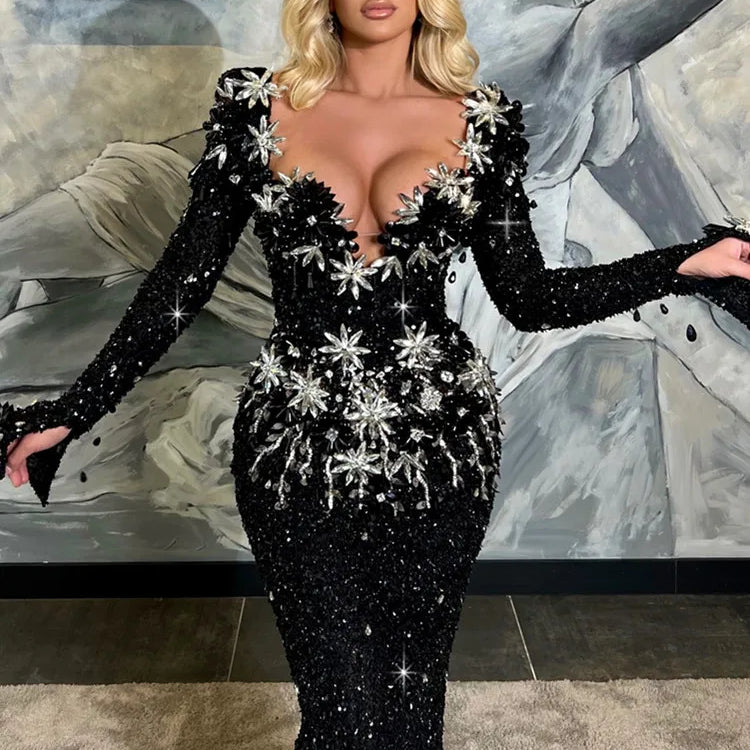 Women Celebrity Sexy Long Sleeve Sequins Diamonds Crystal Sparkly Maxi Long Gowns Dress 2024 Elegant Evening Party Club Vestido