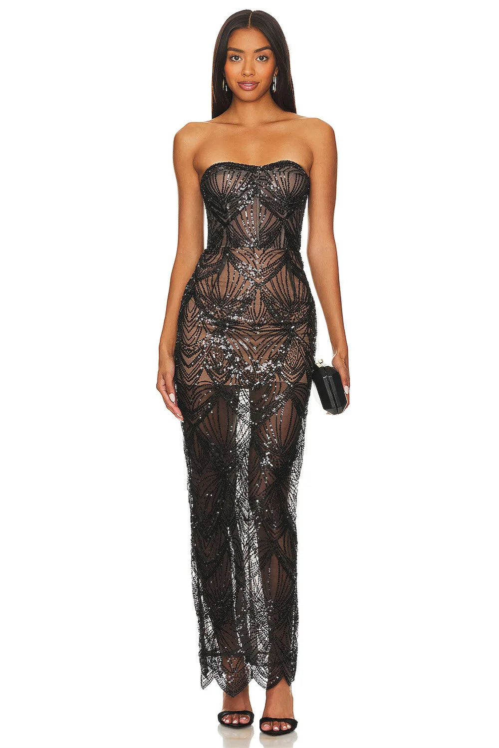 Shining Black Sequins Sexy Mesh See Through Straplerss Ankle Length Dress Woman Birthday Party Dress Celebrity Party Vestido black