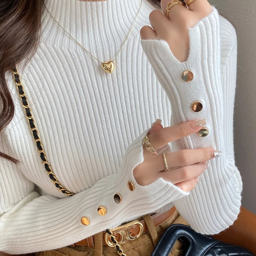 Autumn Winter Sweater Women Pullovers Long Sleeve Tops Clothes Slim Knit Soft Jumper Streetwear Button Turtleneck Sweater WHITE One Size