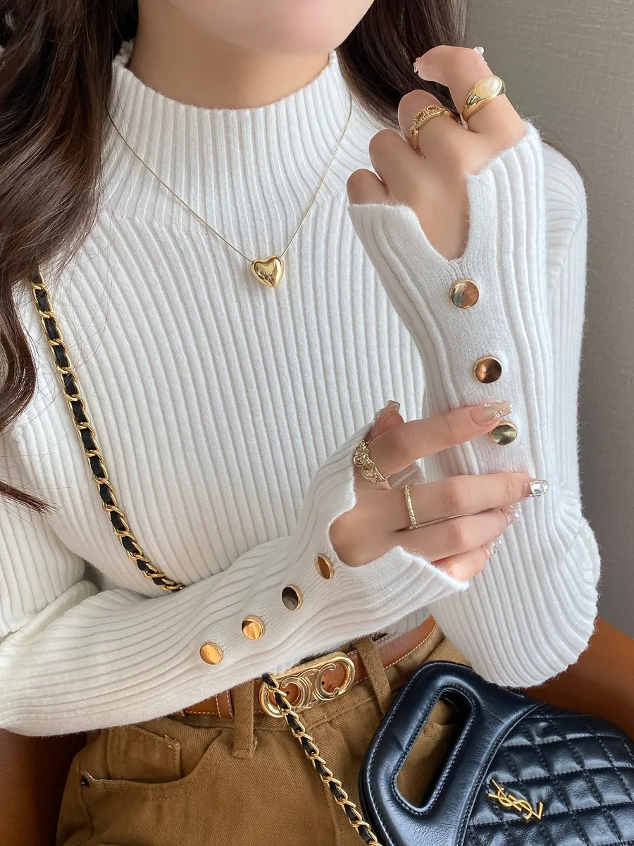 Autumn Winter Sweater Women Pullovers Long Sleeve Tops Clothes Slim Knit Soft Jumper Streetwear Button Turtleneck Sweater WHITE One Size