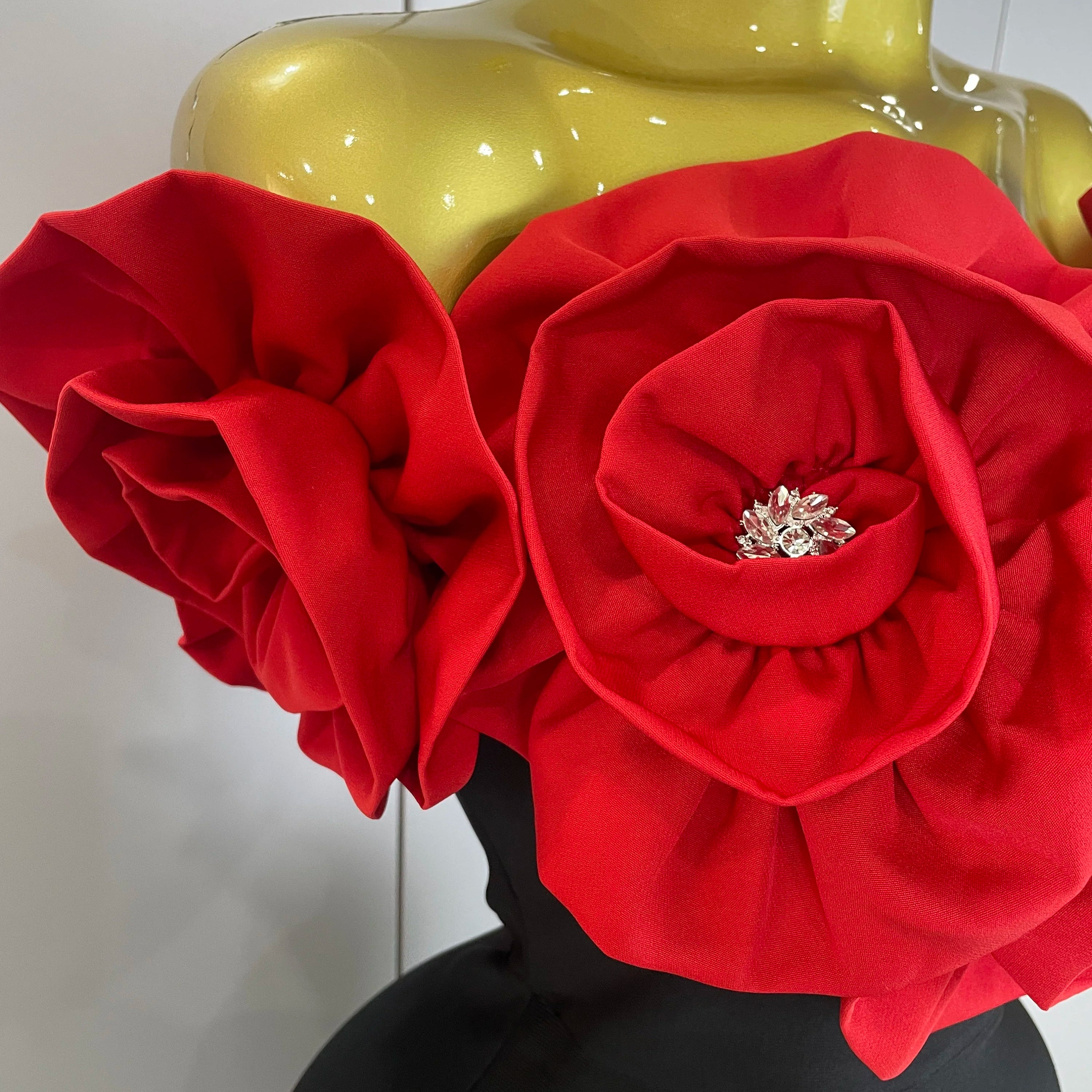 New Stereoscopic Red Flowers Sexy Off The Shoulder Ankle Lenght Bandage Dress Woman Birthday Party Vestido Wedding Party Outfit