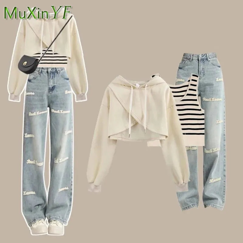 Women's 2024 Autumn New Matching Set Korean Elegant Short Sweater+Tank Top+Letter Jeans Three Piece Female Chic Denim Pants Suit