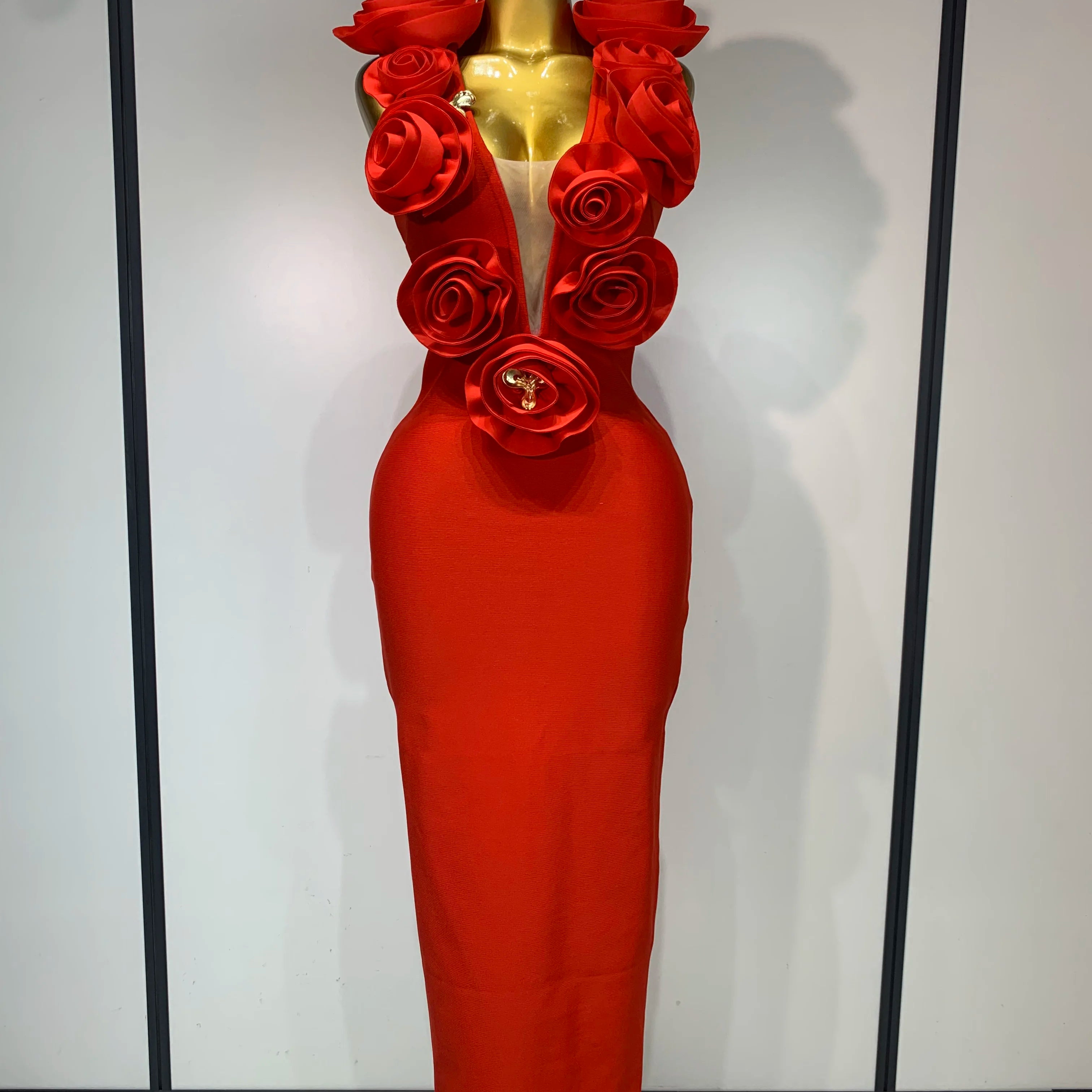 Fashion Black 3D Flower Bodycon Long Bandage Dress Celebrity Elegant Party Birthday Dress Women's Sleeveless Sexy Vestidos Red