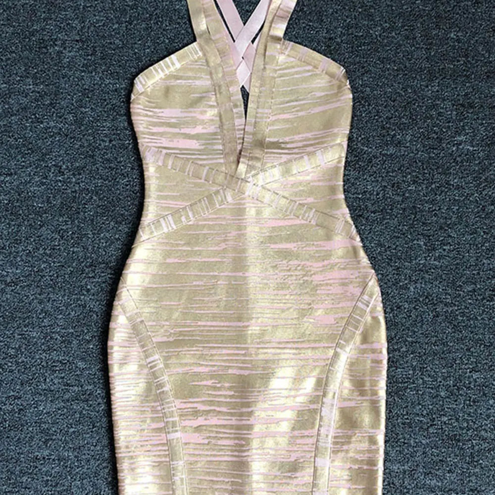 2024 Sexy Women's Coated Bandage Dress Camisole Deep V-neck Sleeveless Bodycon Mini Dresses Cocktail Evening Party Vestidos Gold