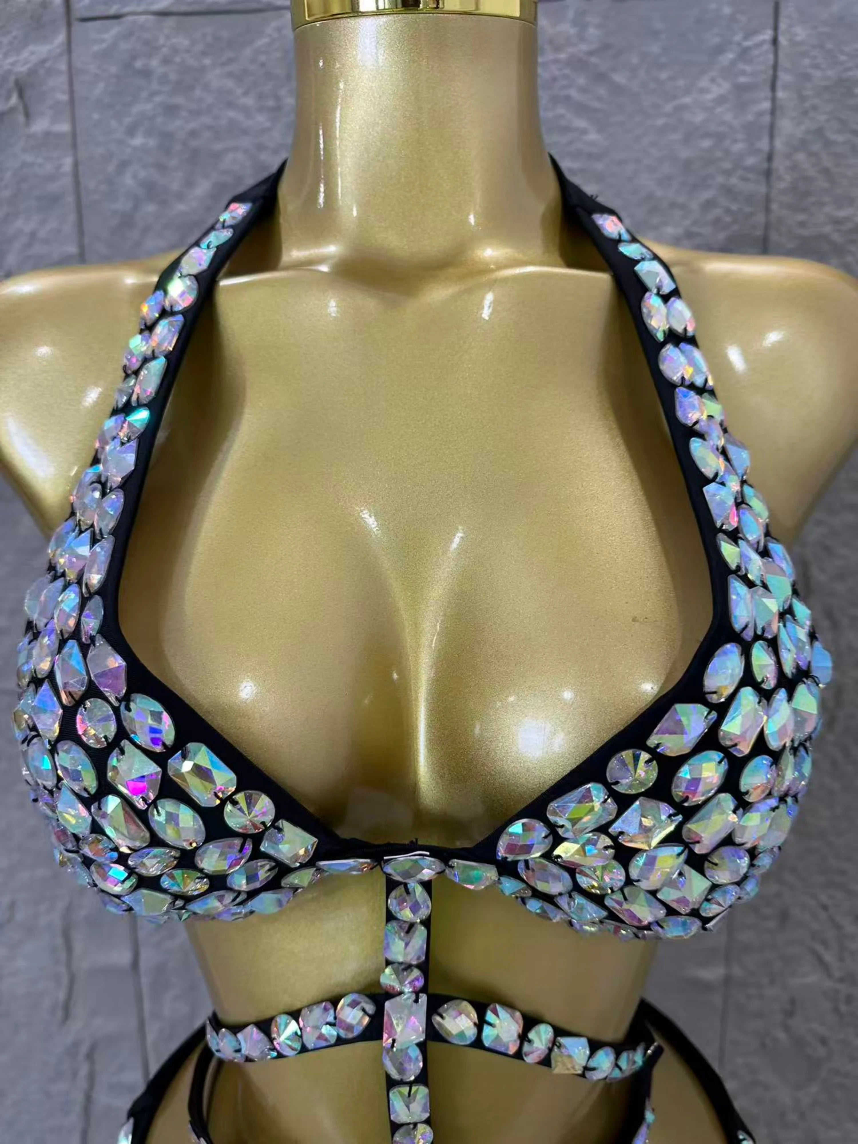2026 Luxurious Black Bodysuit Women Sexy Halter Neck Iridescent Crystal Embellished Cutout Outfit Stage Performance Costume