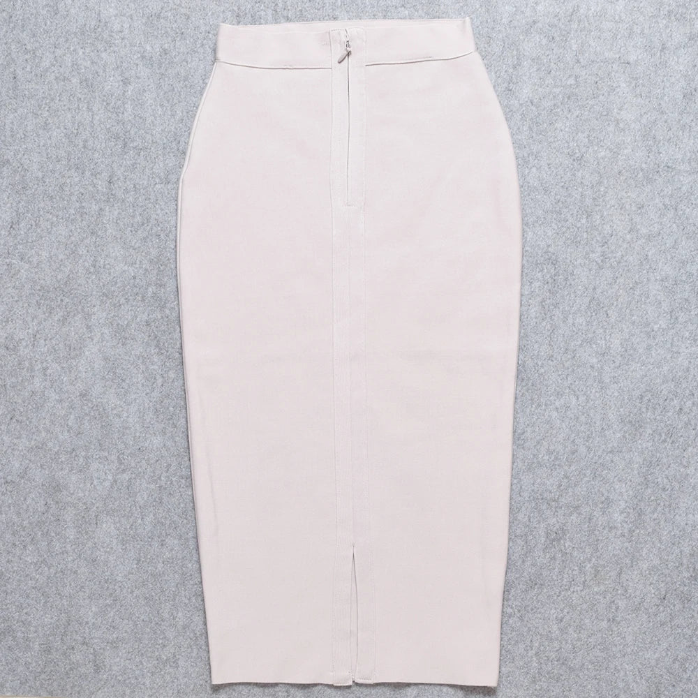 HQBORY Sexy Nude Beige Bandage Skirts Midi 2023 Women Summer Red Split Party Skirt Bodycon High Waist Office Lady Skirt