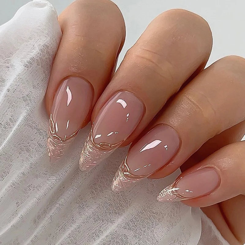 24Pcs Simple French Nails Art Tips Fake Nails 3D Design Wearable Full Cover False Nail Mid-length Almond Reusable Press on Nails 983