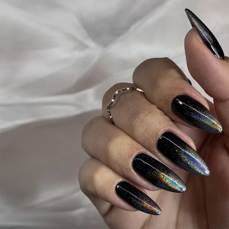 24Pcs Blue Cat Eye Y2k Fake Nails with Jelly Glue Long Almond False Nail Design Wearing Oval Press on Nails Tips for Spice Girls 2