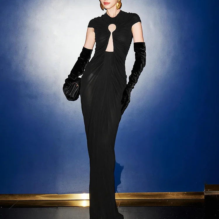 VC Black Long Key Hole Dress Bustier Ruched Mesh Maxi Dress Round Neck With Gloves Cocktail Party Evening Gowns for Night Out