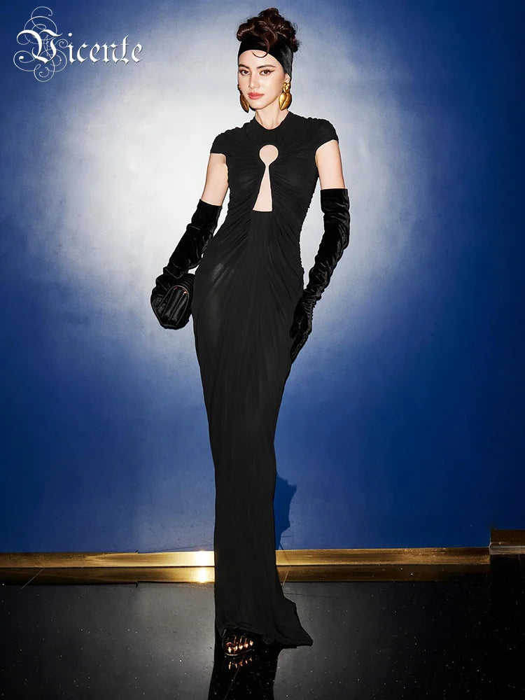 Black Long Key Hole Dress Bustier Ruched Mesh Maxi Dress Round Neck With Gloves Cocktail Party Evening Gowns for Night Out