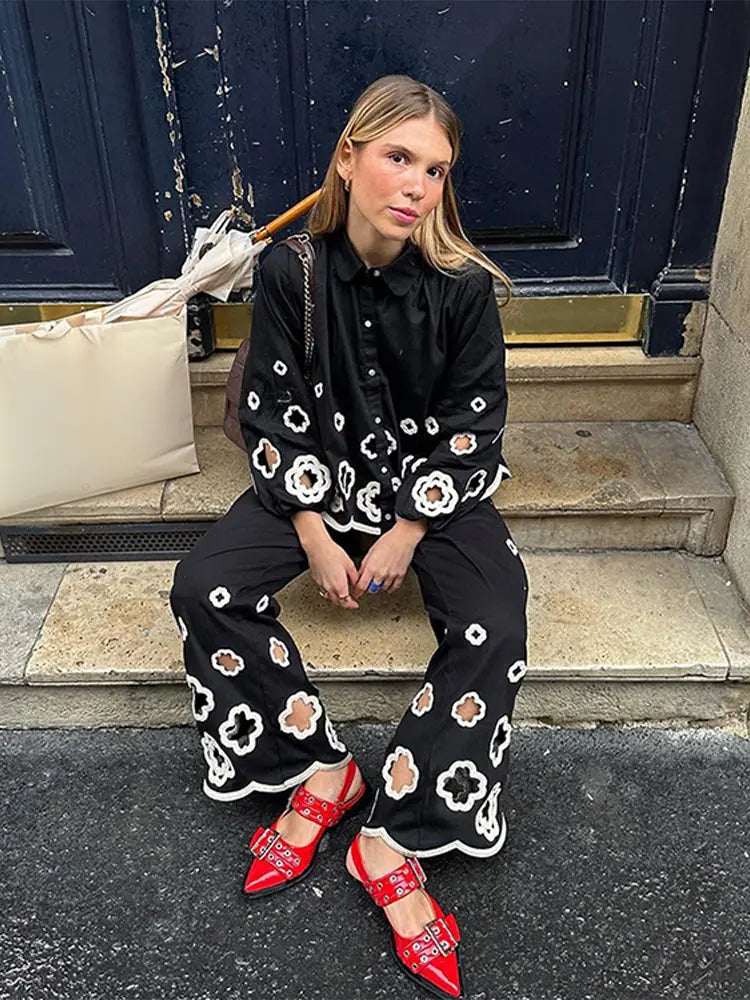 Chic Hook Flower Hollow Out Women's Lace Pants Set Retro Lapel Long Lantern Sleeve Shirt Suit New Lady Party Elegant Outfit Black