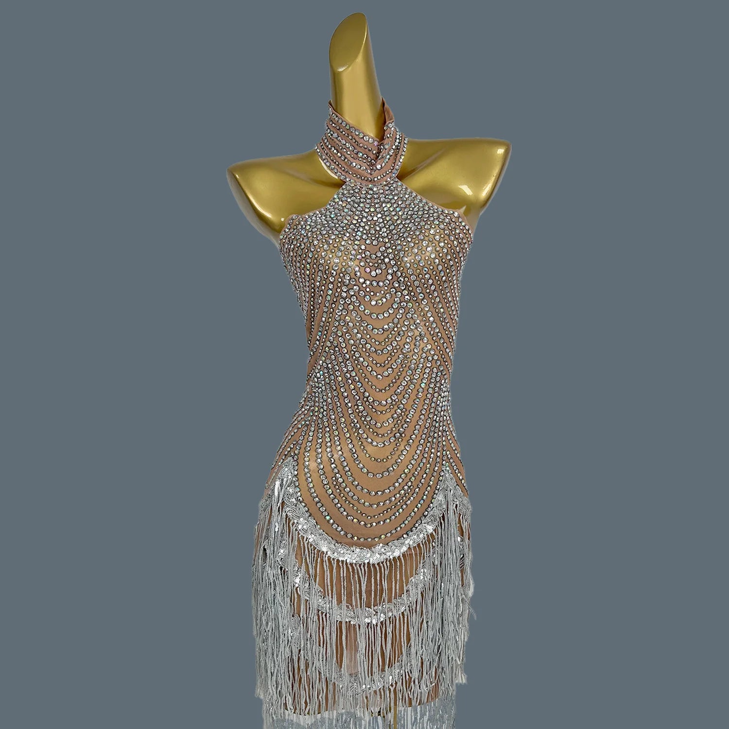 Shining Diamonds Tassel Dress Sexy Women Elastic Perspective Crystal Dress Singer Stage Costumes Latin Dance Dress Diaodeng Nude One Size